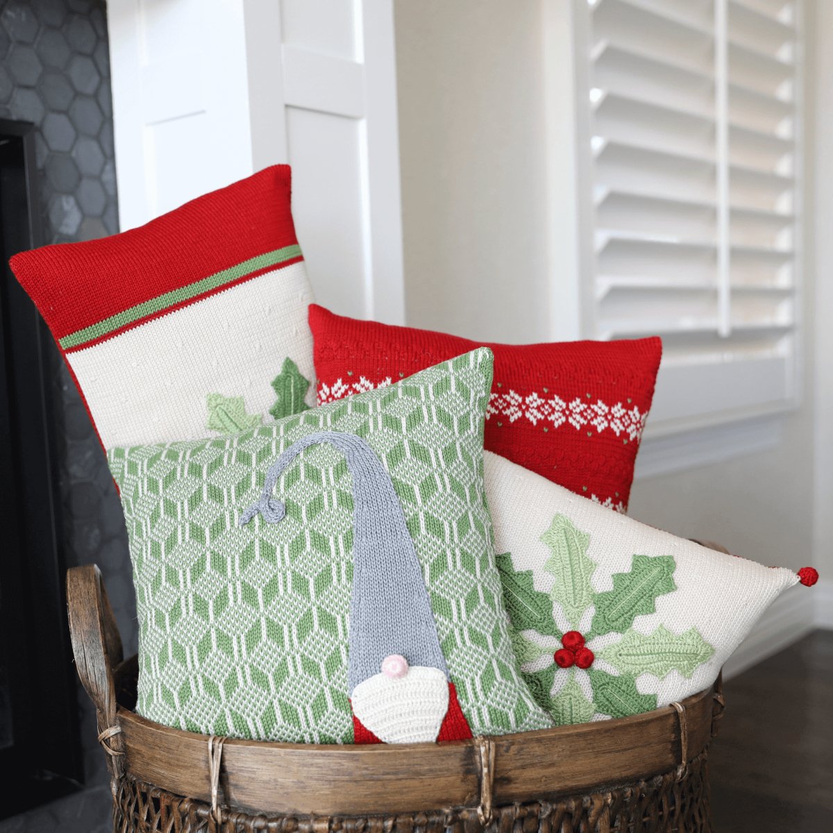 Handcrafted Artisan Christmas Holly Pinwheel 10" Pillow