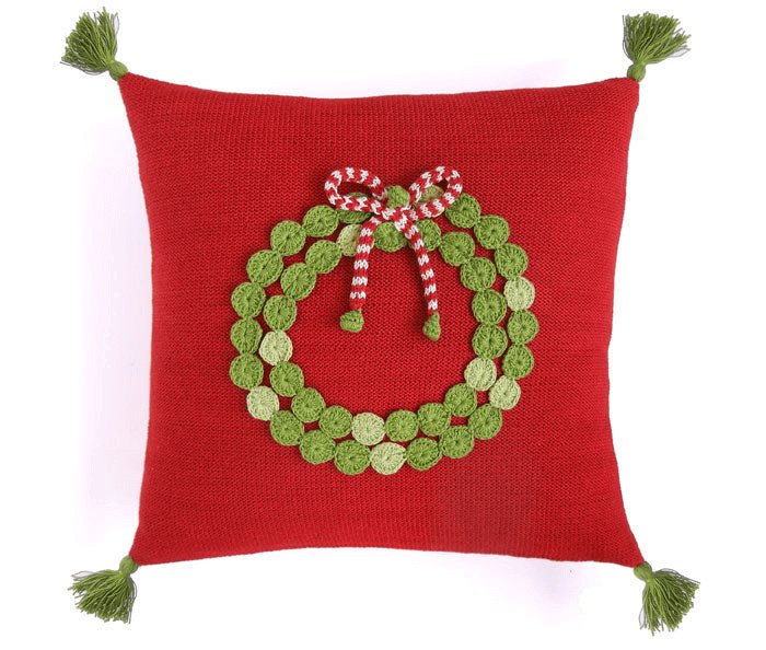 Handmade Christmas Classic Wreath Pillow 14", Red