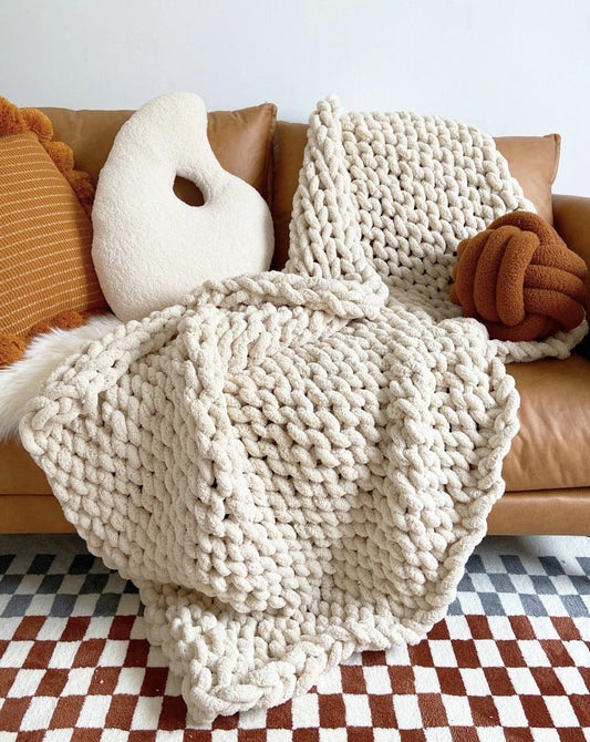 Handmade Beige Chunky Fluffy Knit Throw Blanket - Cozy and Soft Chenille Yarn