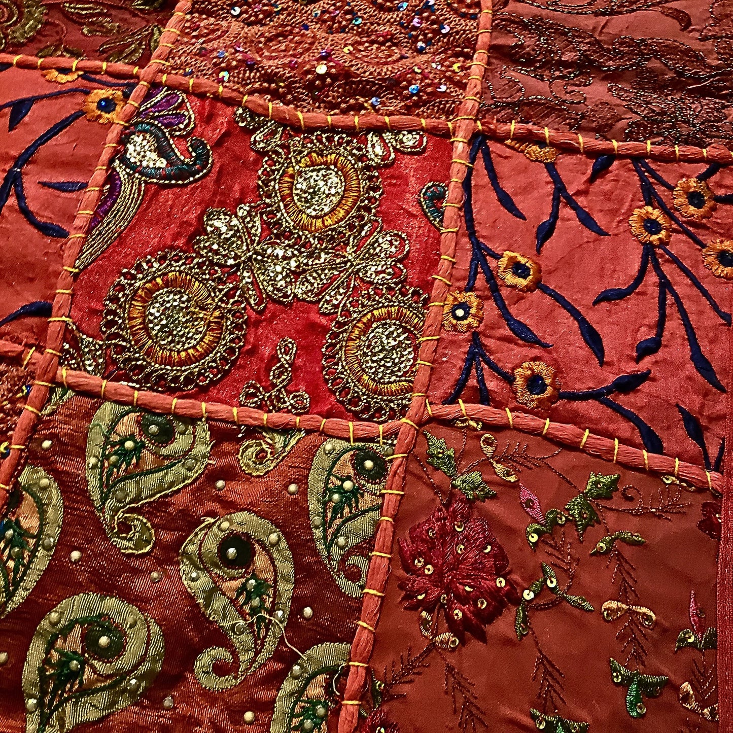 Handmade Gujarat Embroidered & Jeweled Table Runner & 6 Matching Placemats Set -Red Tones