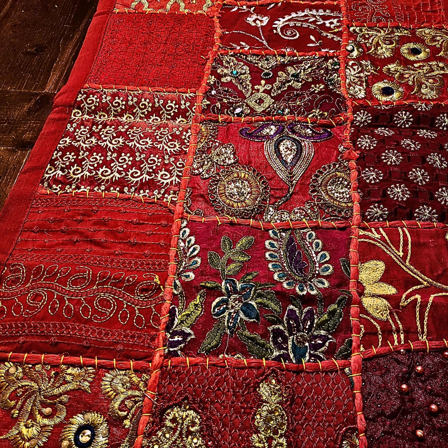 Handmade Gujarat Embroidered & Jeweled Table Runner & 6 Matching Placemats Set -Red Tones