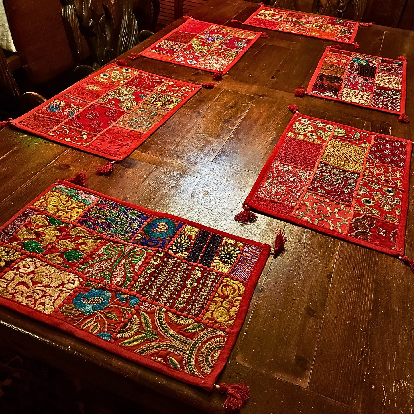 Handmade Gujarat Embroidered & Jeweled Table Runner & 6 Matching Placemats Set -Red Tones